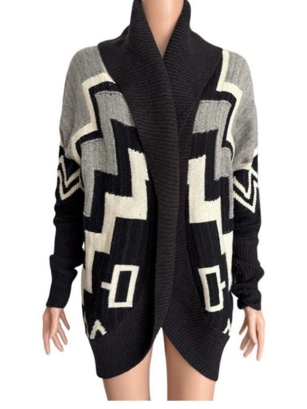 ❤️Ralph Lauren Blue Label,  Black Gray and Cream Beacon Open-Front Cardigan RARE - Picture 2 of 5